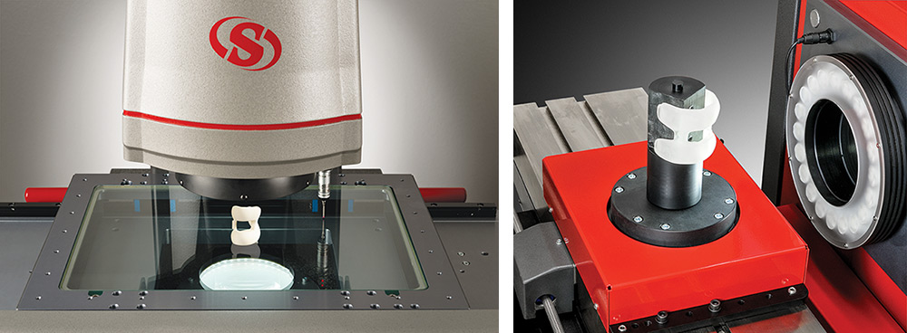 When inspecting very smooth, highly reflective knee implant surfaces, vision systems (left) and digital video comparators (right) need to have the correct lighting.